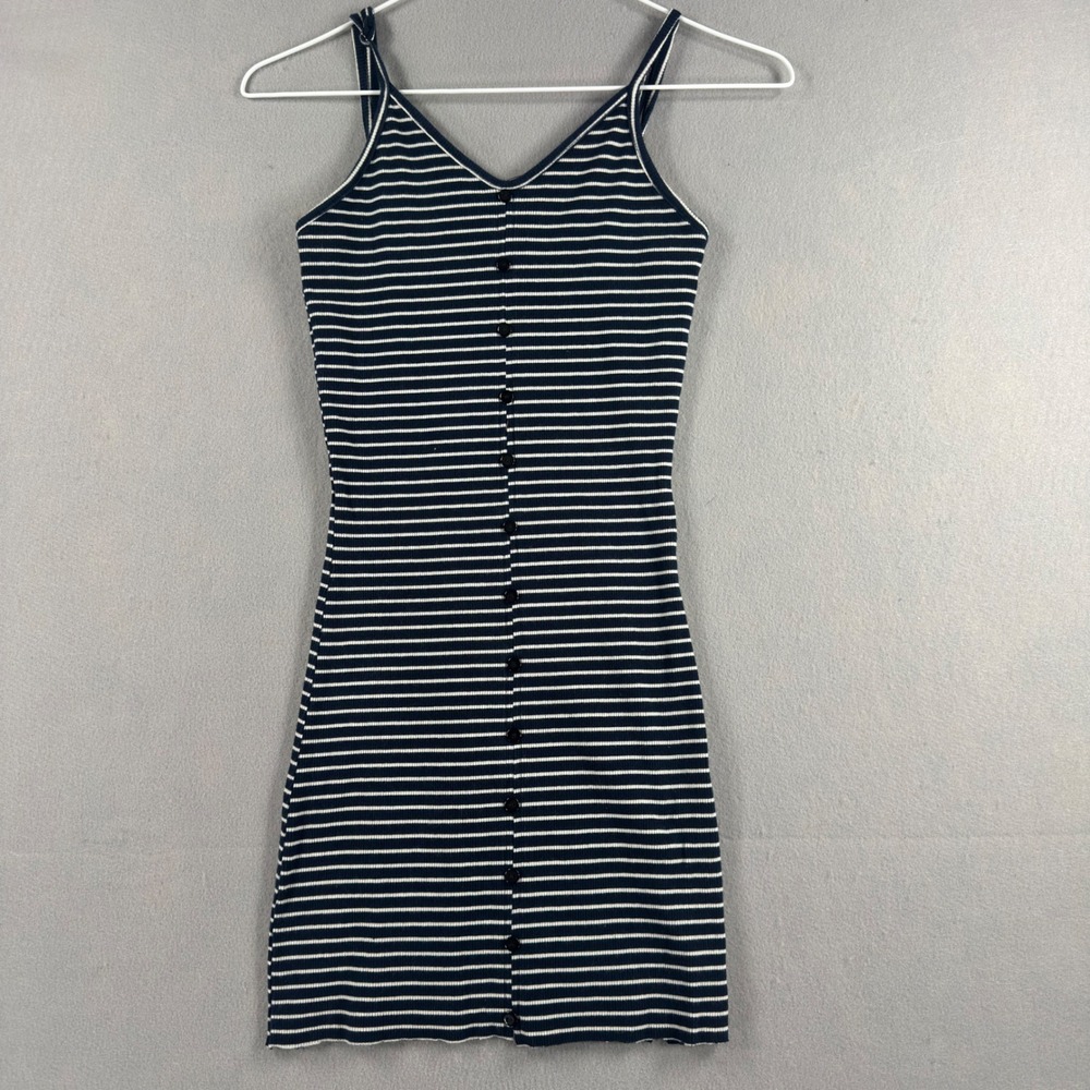 Love Culture Navy Blue White Striped Ribbed Button Down Mini Dress Small